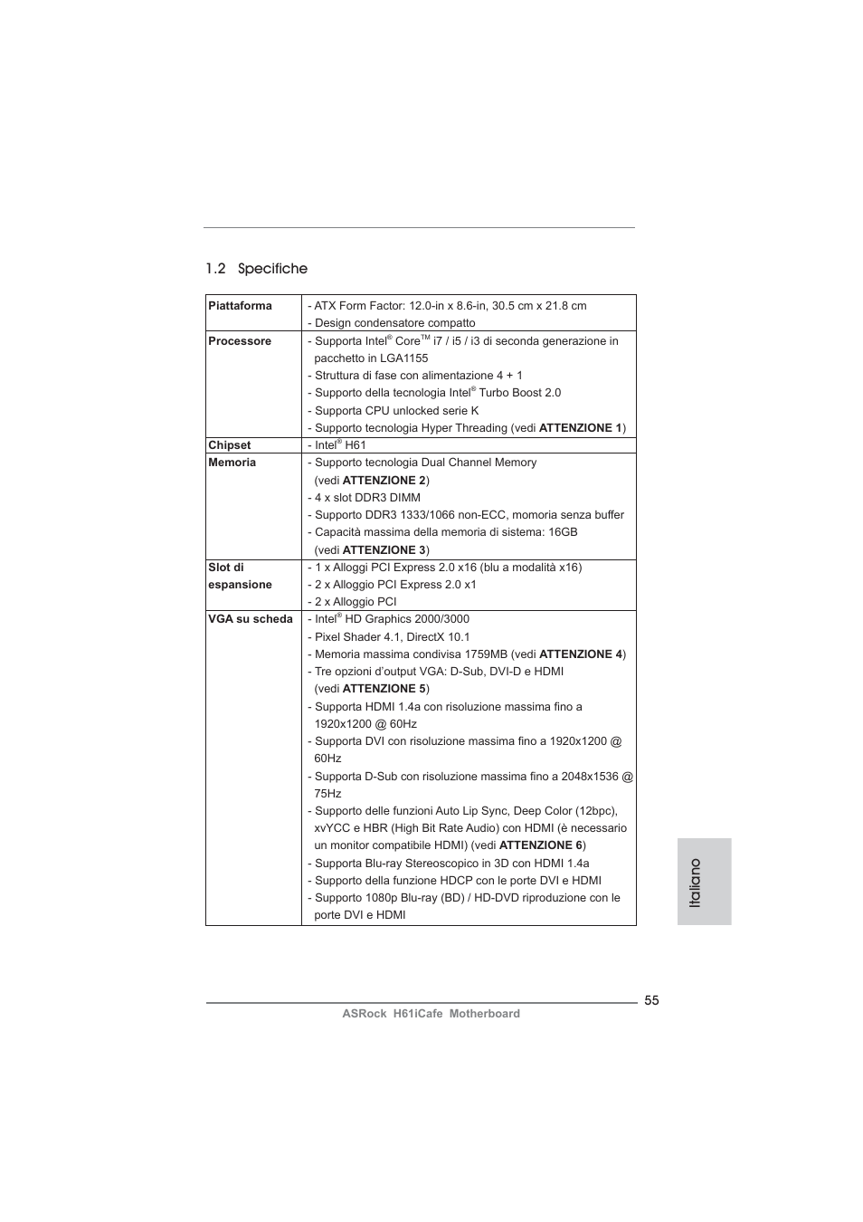 Italiano 1.2 specifiche | ASRock H61iCafe User Manual | Page 55 / 158