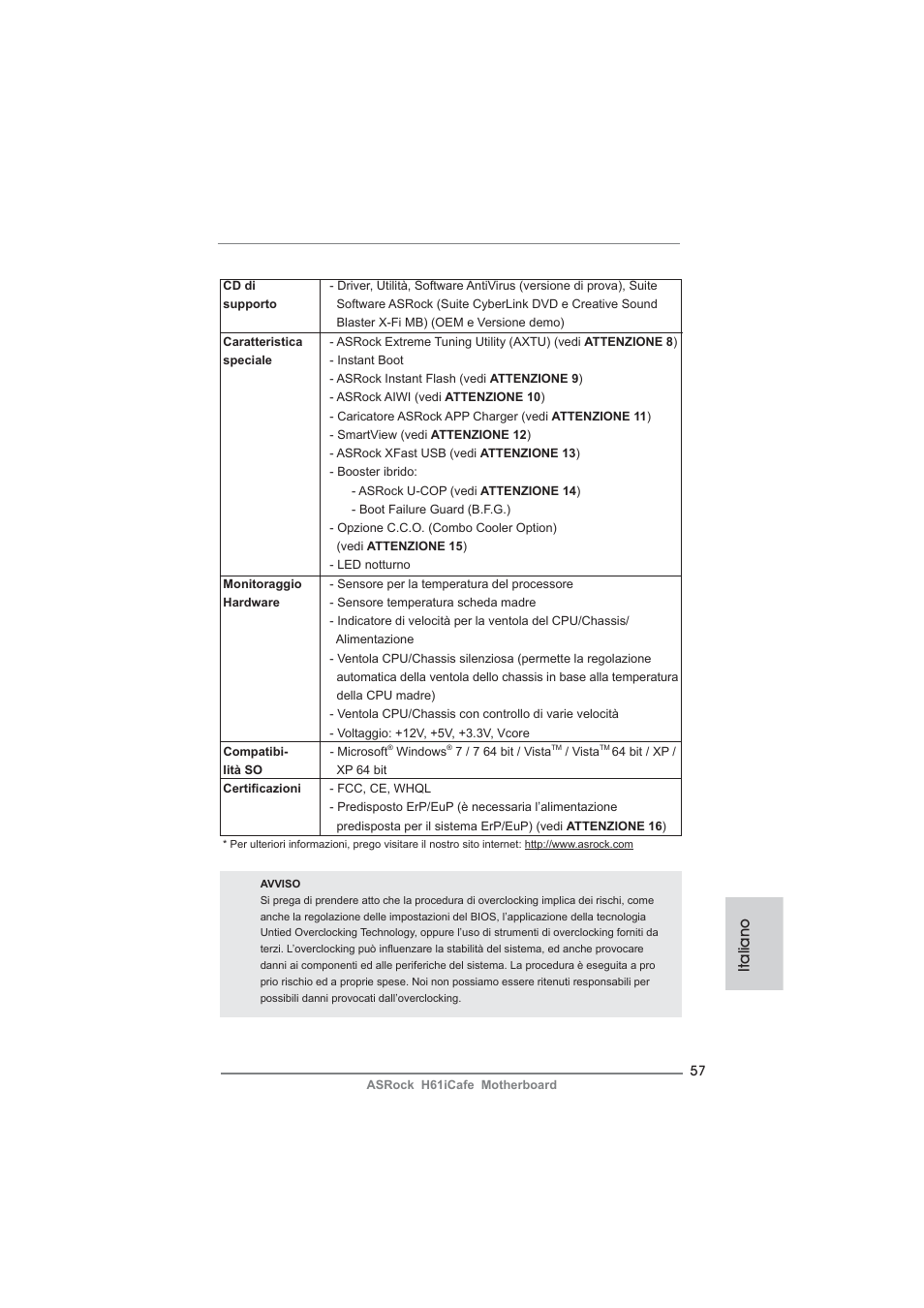 Italiano | ASRock H61iCafe User Manual | Page 57 / 158