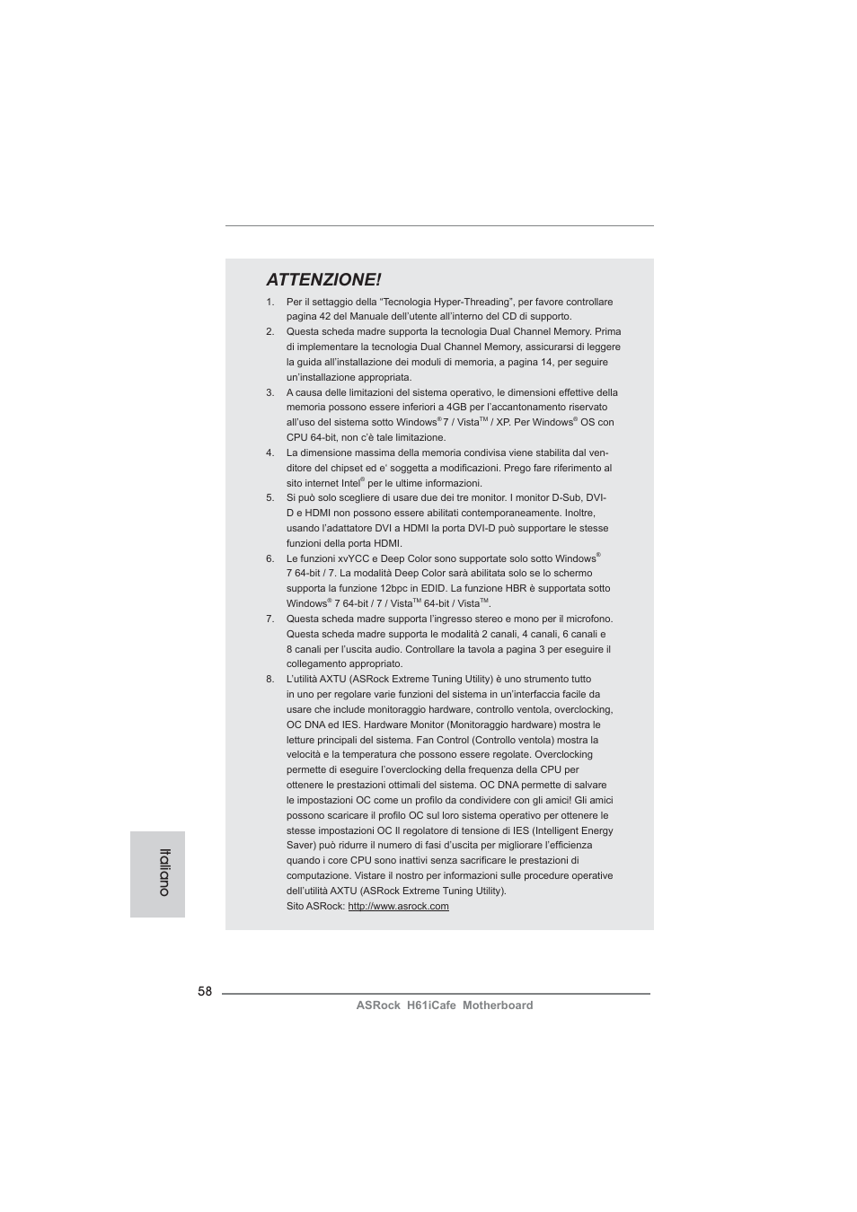 Attenzione, Italiano | ASRock H61iCafe User Manual | Page 58 / 158
