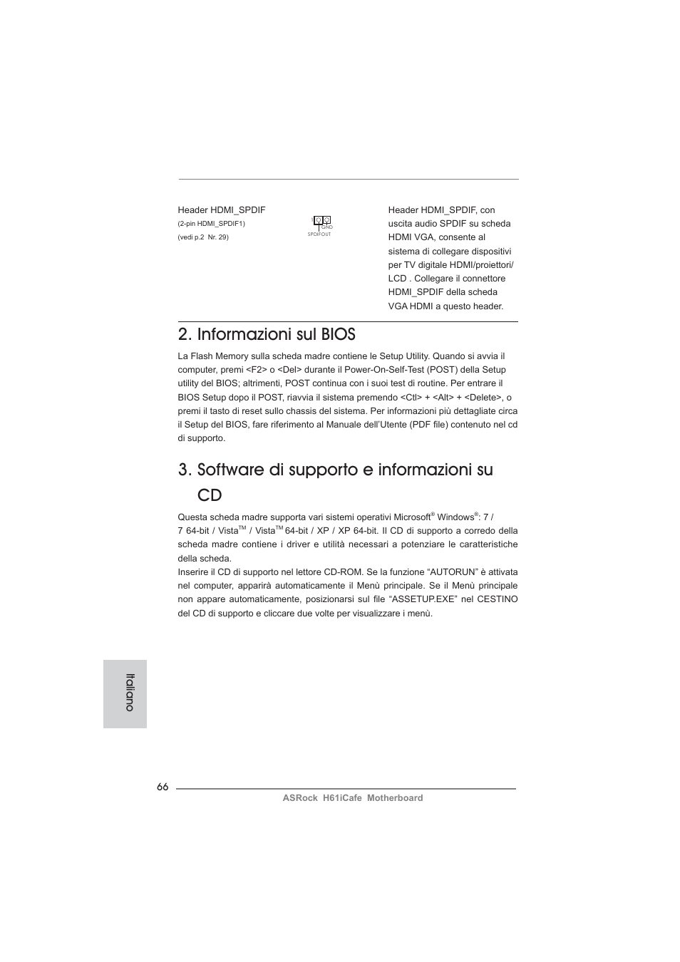 Informazioni sul bios, Software di supporto e informazioni su cd, Italiano | ASRock H61iCafe User Manual | Page 66 / 158