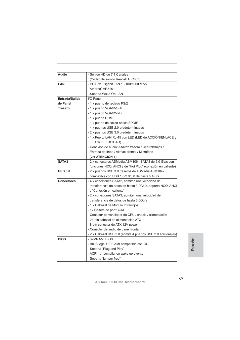 Español | ASRock H61iCafe User Manual | Page 69 / 158