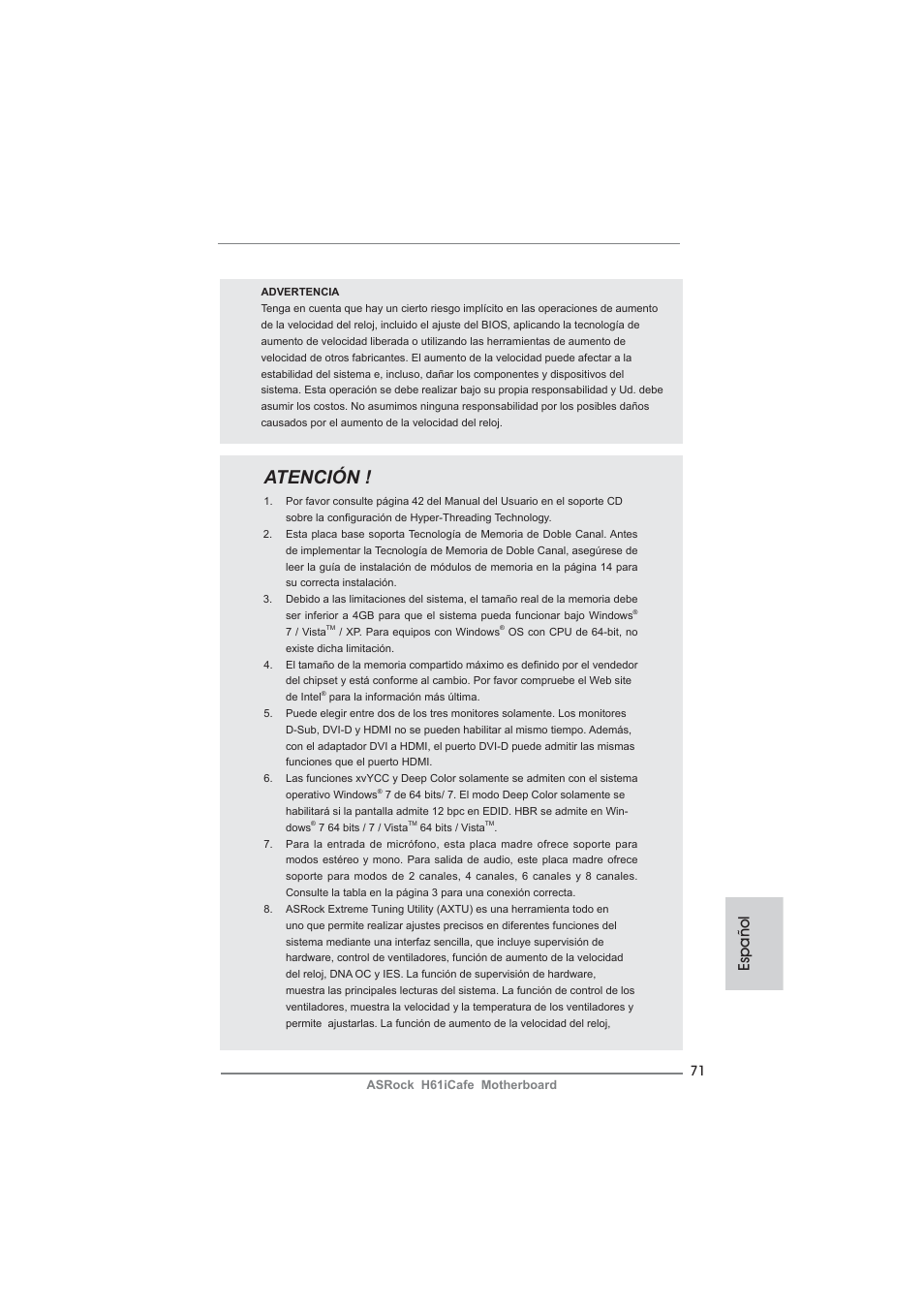 Atención, Español | ASRock H61iCafe User Manual | Page 71 / 158