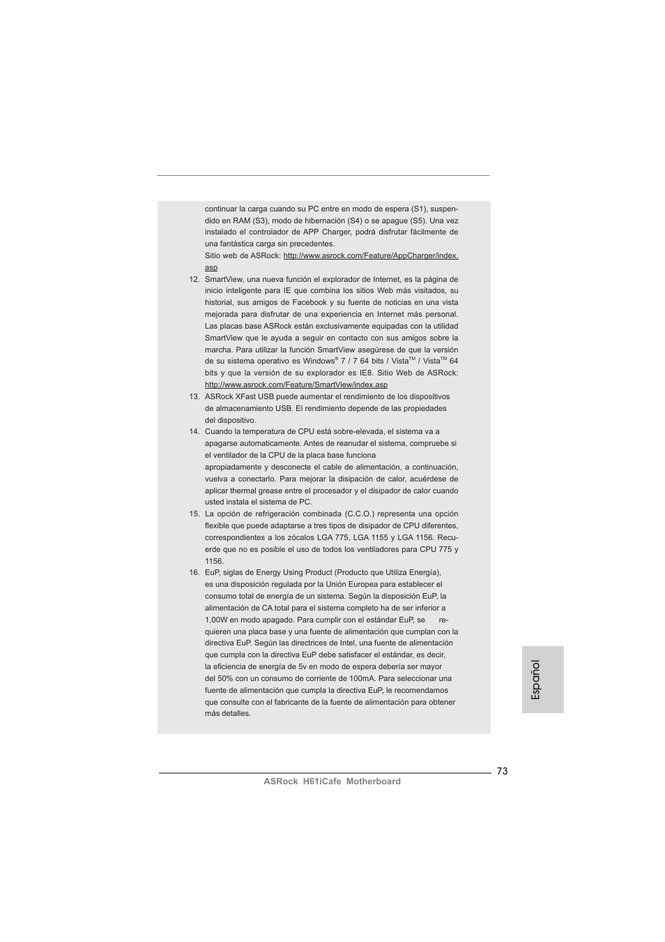 Español | ASRock H61iCafe User Manual | Page 73 / 158
