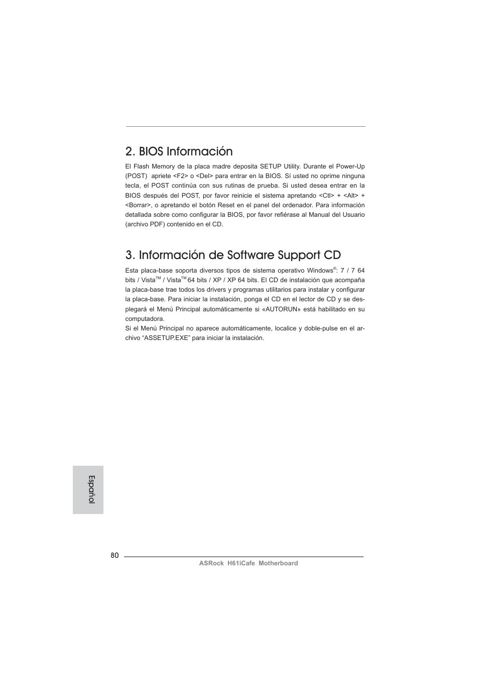 Bios información, Información de software support cd | ASRock H61iCafe User Manual | Page 80 / 158