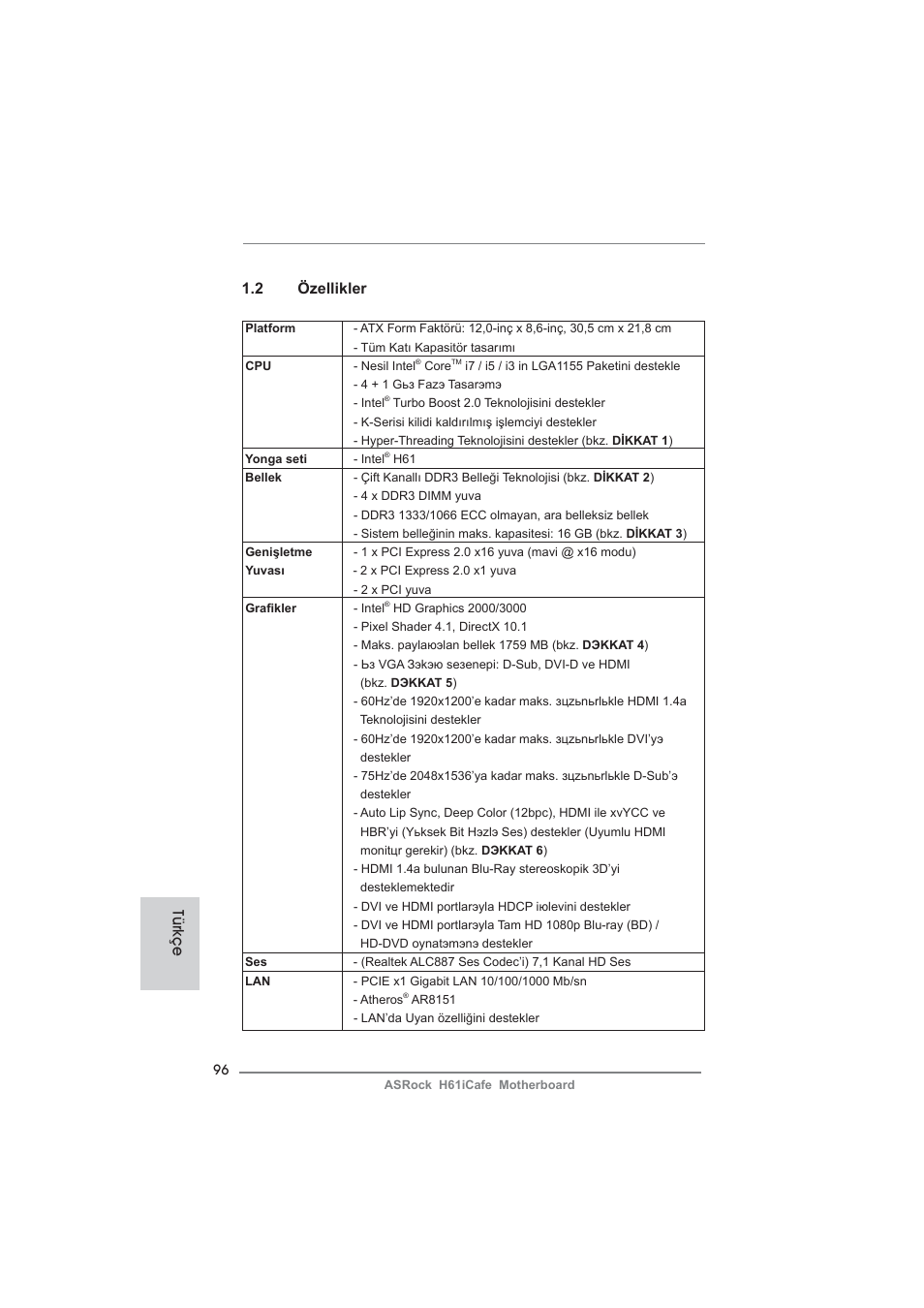 2 özellikler, Türkçe | ASRock H61iCafe User Manual | Page 96 / 158