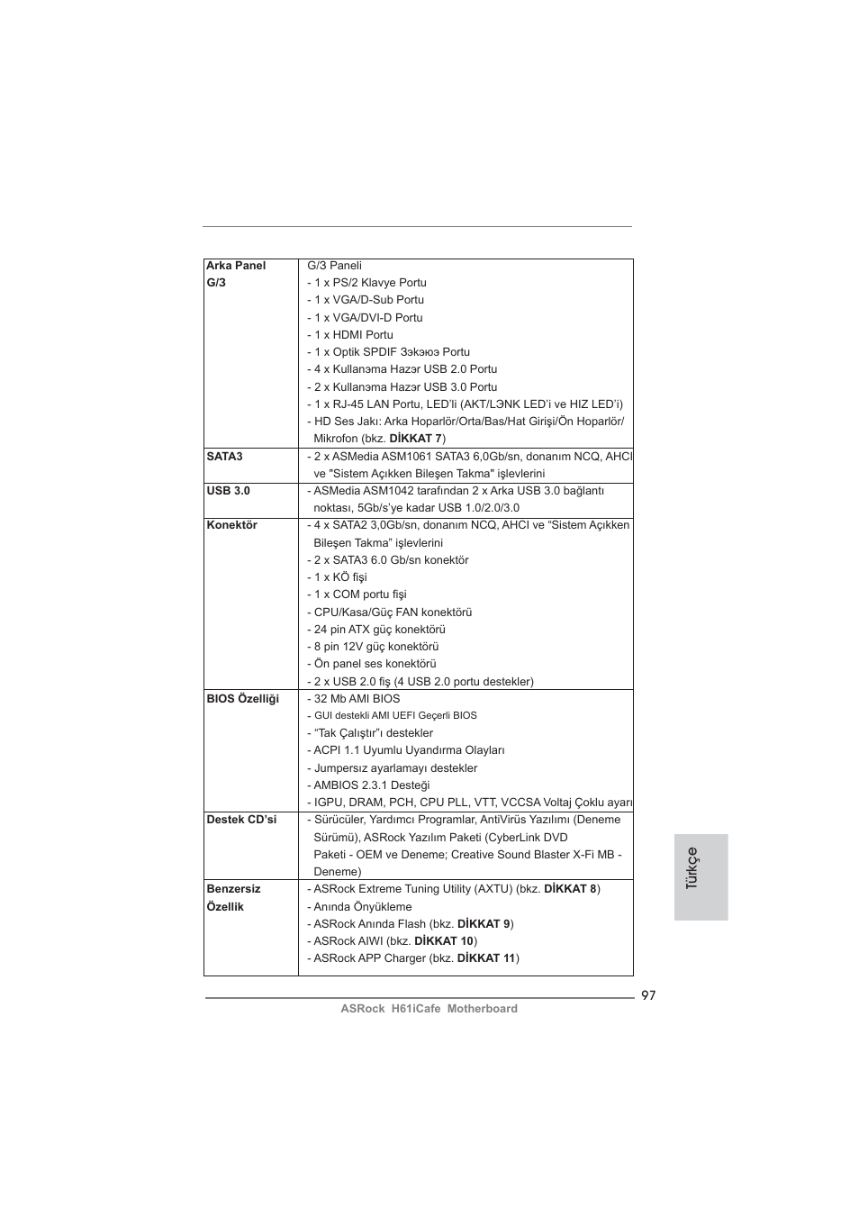 Türkçe | ASRock H61iCafe User Manual | Page 97 / 158