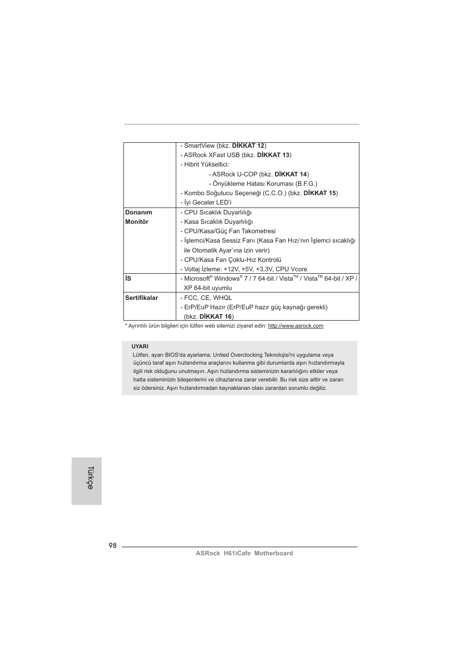 Türkçe | ASRock H61iCafe User Manual | Page 98 / 158