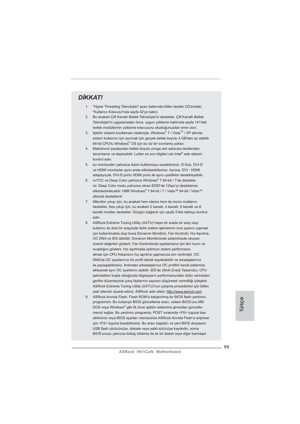 Dikkat, Türkçe | ASRock H61iCafe User Manual | Page 99 / 158