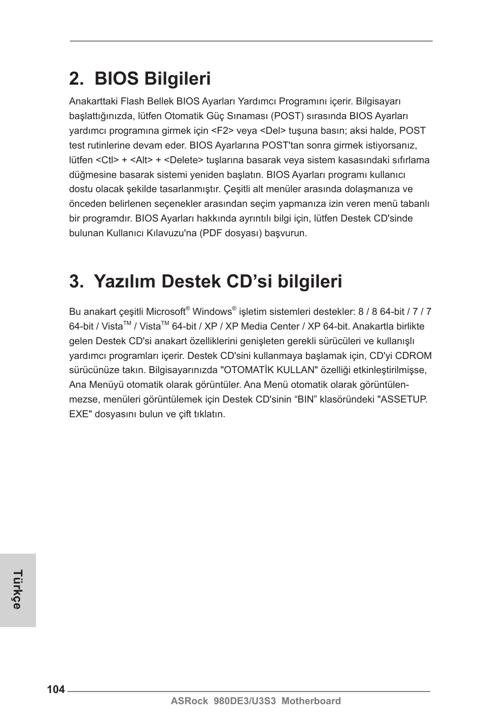 Bios bilgileri, Yazılım destek cd’si bilgileri, Türkçe | ASRock 980DE3__U3S3 User Manual | Page 104 / 151