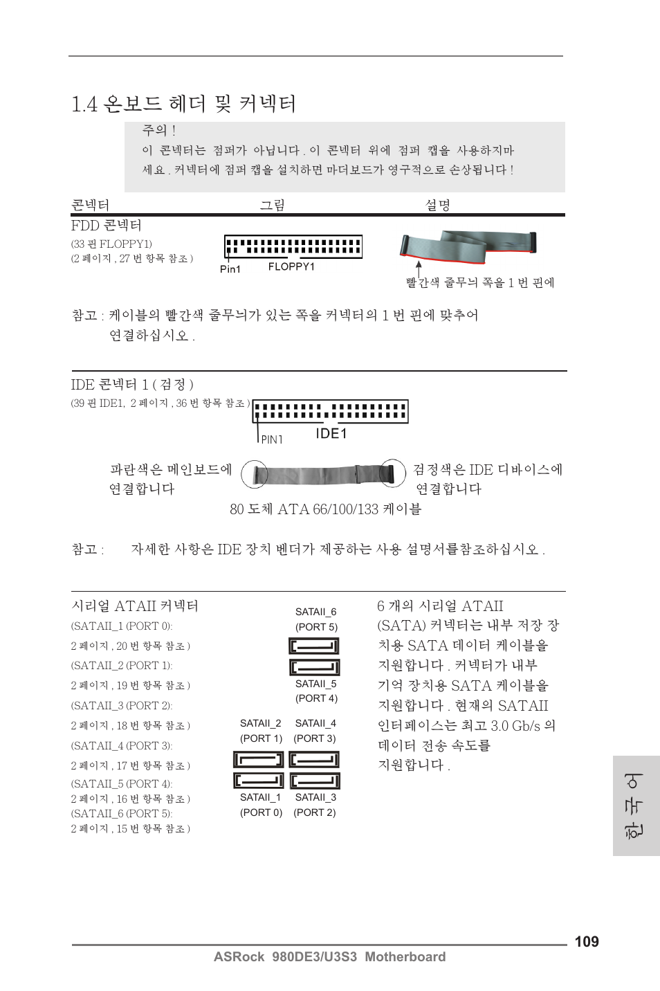 한 국 어, 4 온보드 헤더 및 커넥터 | ASRock 980DE3__U3S3 User Manual | Page 109 / 151