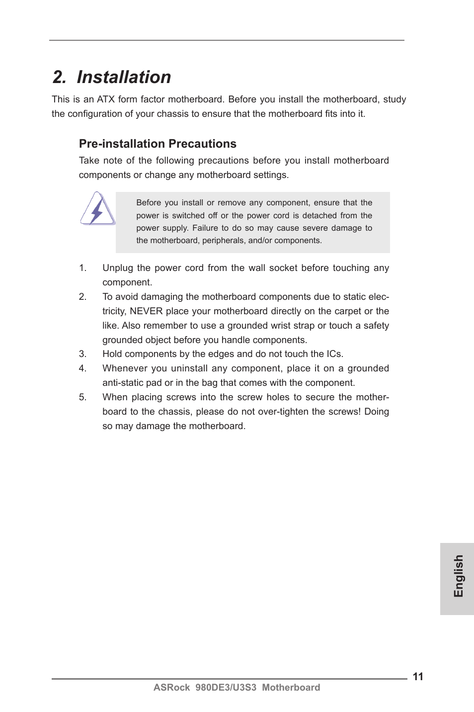 Installation | ASRock 980DE3__U3S3 User Manual | Page 11 / 151