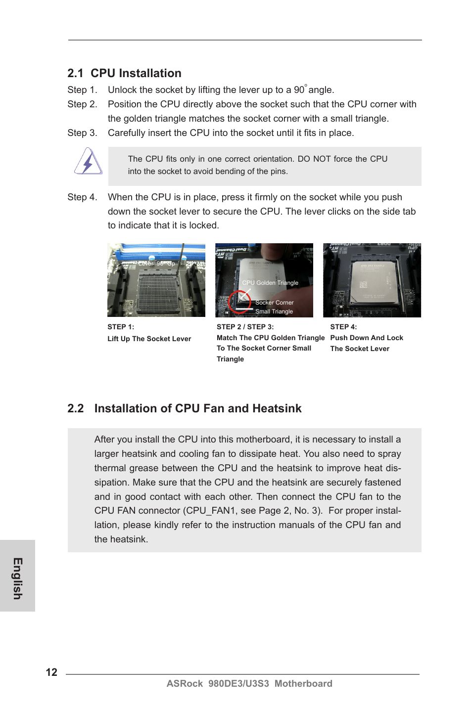 English, 1 cpu installation, 2 installation of cpu fan and heatsink | ASRock 980DE3__U3S3 User Manual | Page 12 / 151