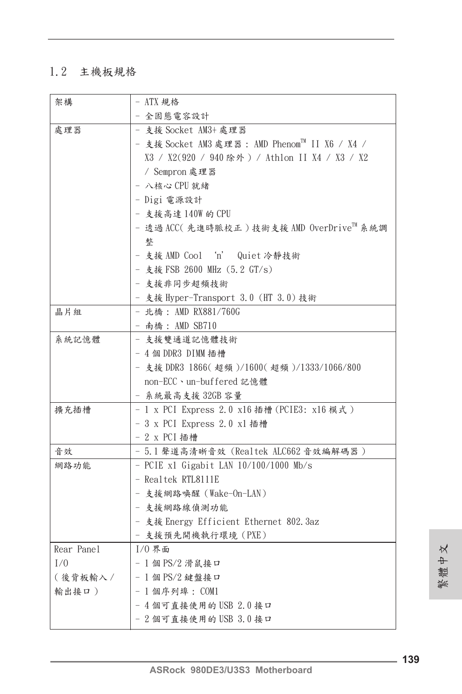 繁體中文 1.2 主機板規格 | ASRock 980DE3__U3S3 User Manual | Page 139 / 151