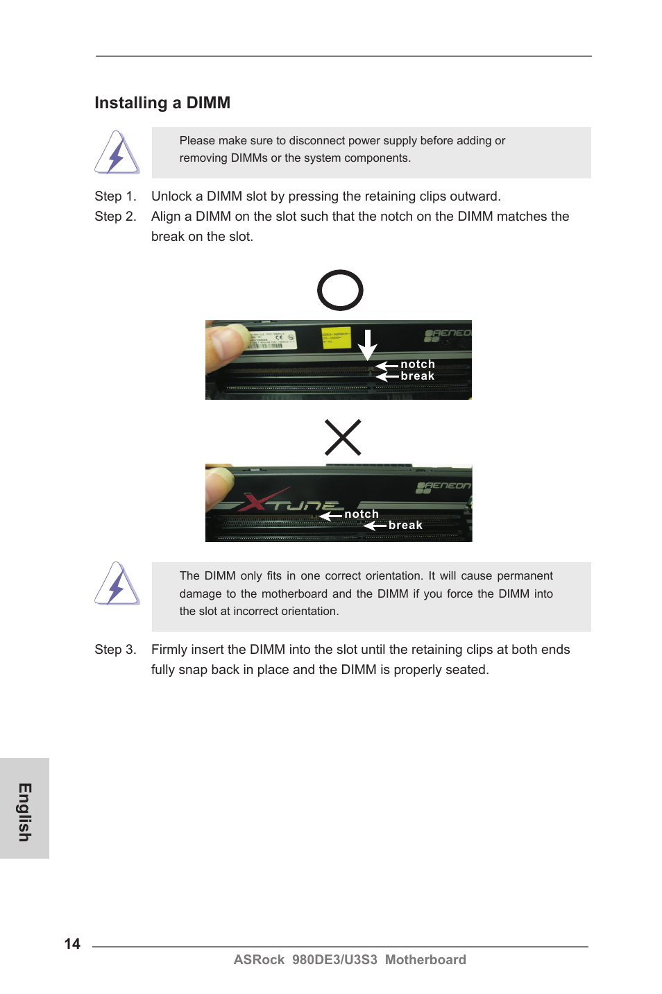 English, Installing a dimm | ASRock 980DE3__U3S3 User Manual | Page 14 / 151