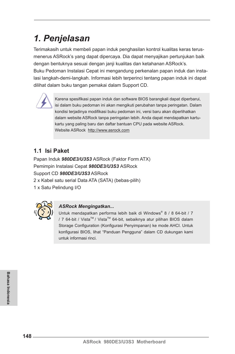 Indonesian, Penjelasan, 1 isi paket | ASRock 980DE3__U3S3 User Manual | Page 148 / 151