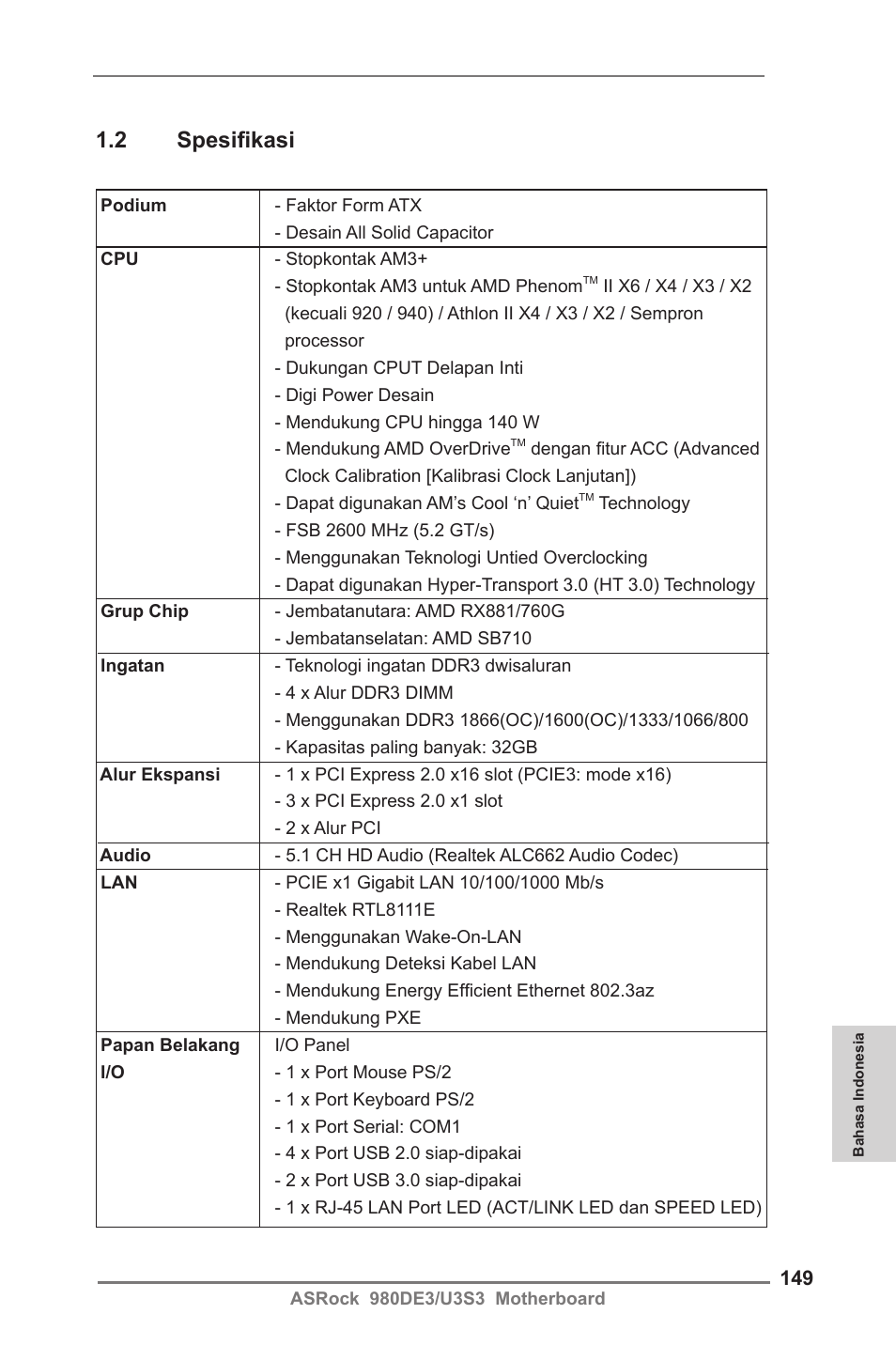 2 spesifikasi | ASRock 980DE3__U3S3 User Manual | Page 149 / 151