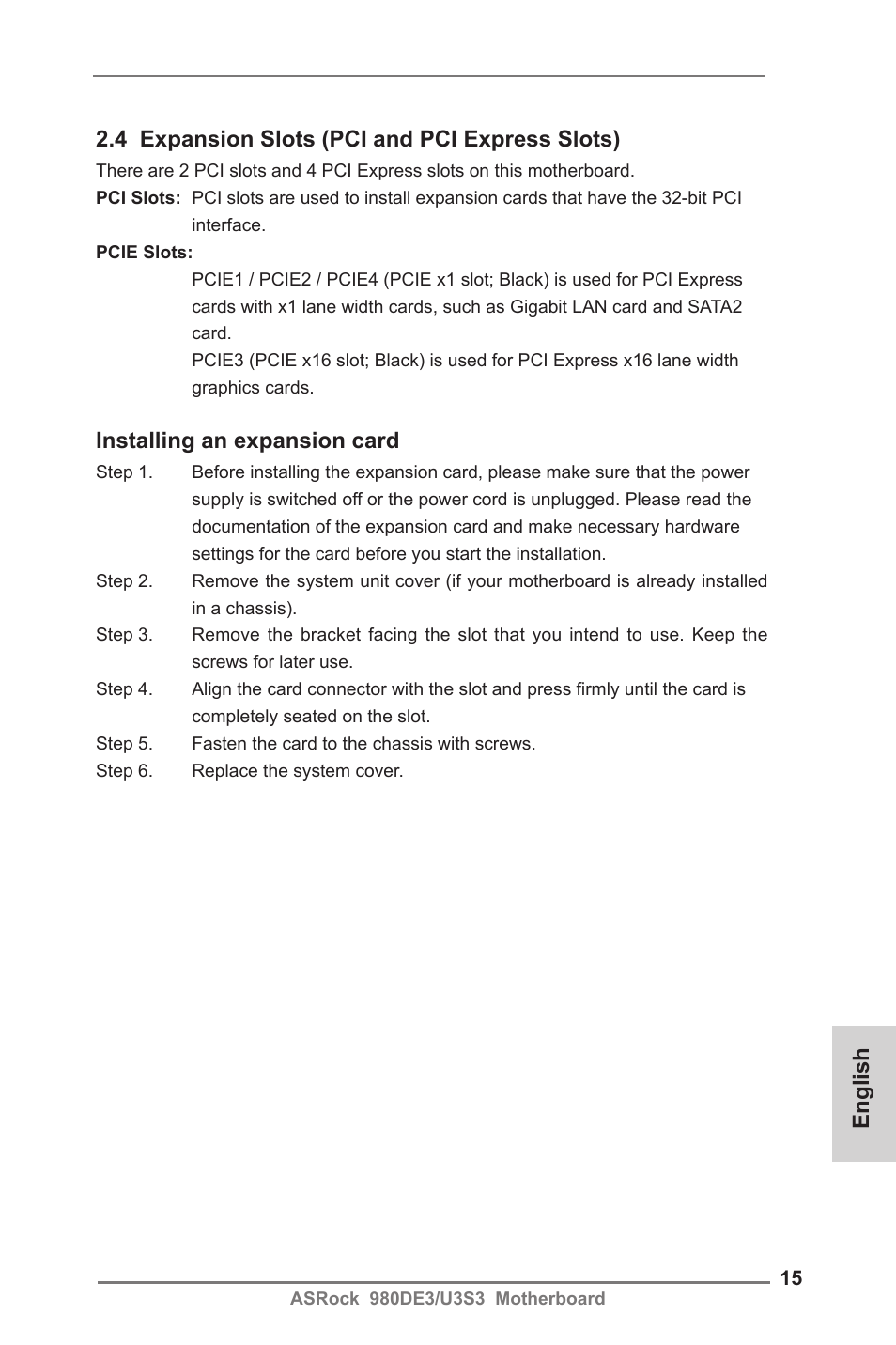 Installing an expansion card | ASRock 980DE3__U3S3 User Manual | Page 15 / 151