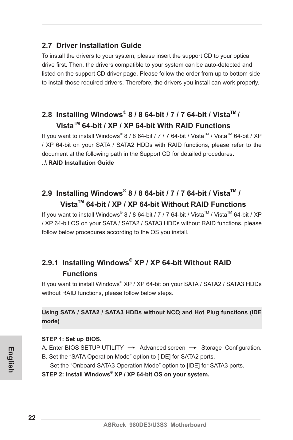 English 2.7 driver installation guide, 8 installing windows, Vista | Bit / xp / xp 64-bit with raid functions, 9 installing windows, Bit / xp / xp 64-bit without raid functions, 1 installing windows, Xp / xp 64-bit without raid functions | ASRock 980DE3__U3S3 User Manual | Page 22 / 151