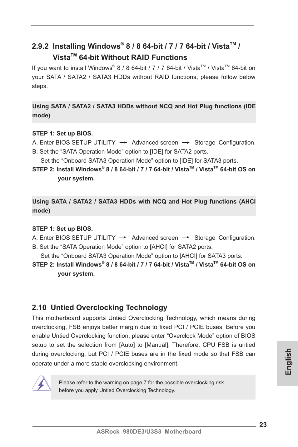 English 2.9.2 installing windows, Vista, Bit without raid functions | 10 untied overclocking technology | ASRock 980DE3__U3S3 User Manual | Page 23 / 151