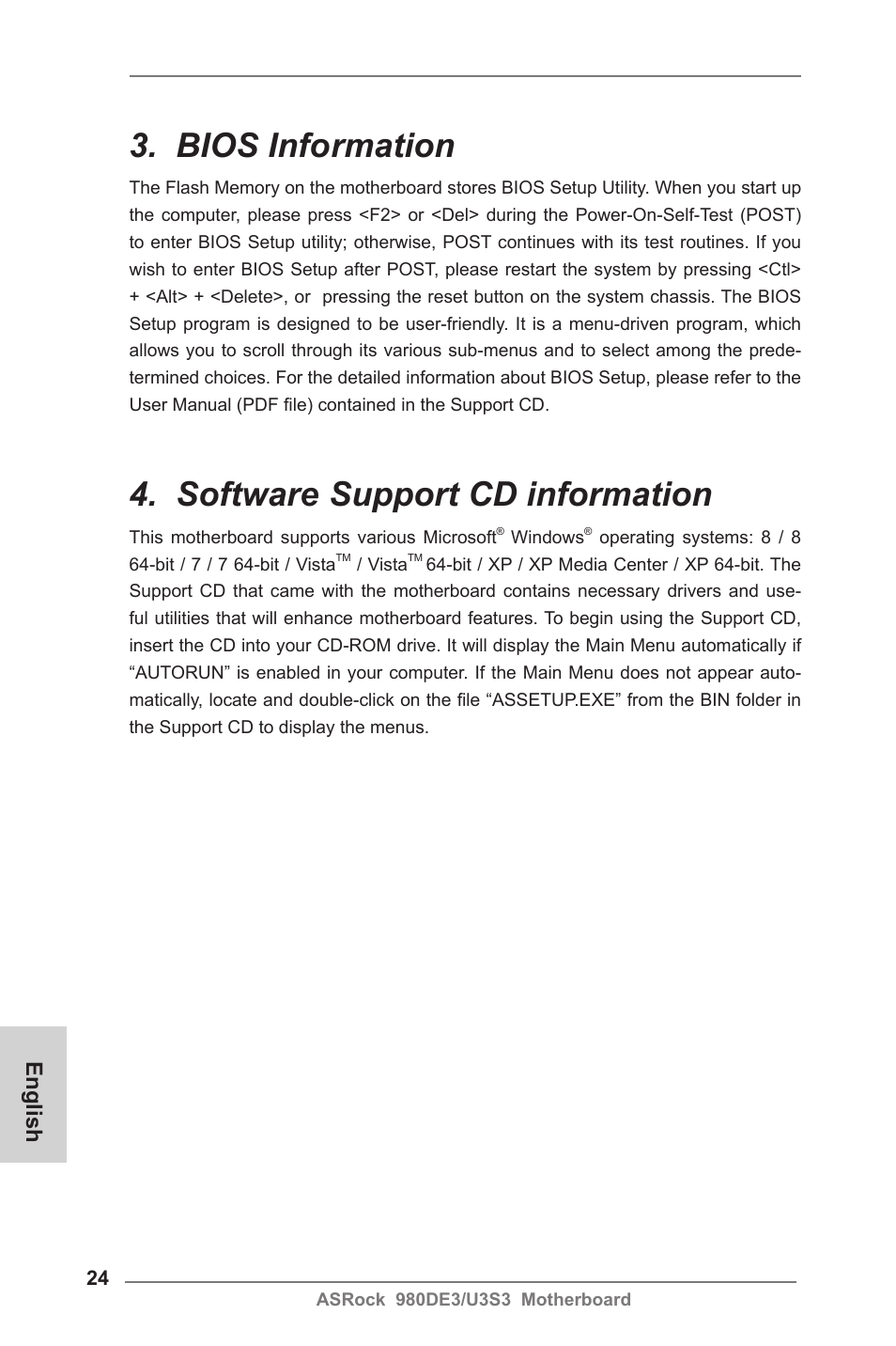 Bios information, Software support cd information, English | ASRock 980DE3__U3S3 User Manual | Page 24 / 151