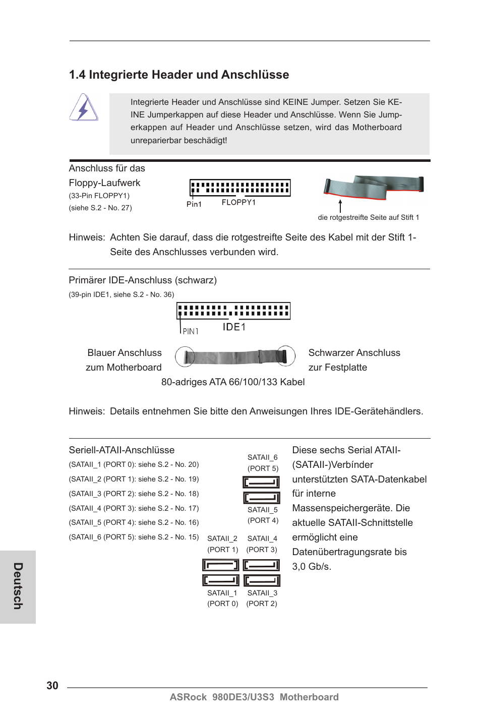 Deutsch, 4 integrierte header und anschlüsse | ASRock 980DE3__U3S3 User Manual | Page 30 / 151