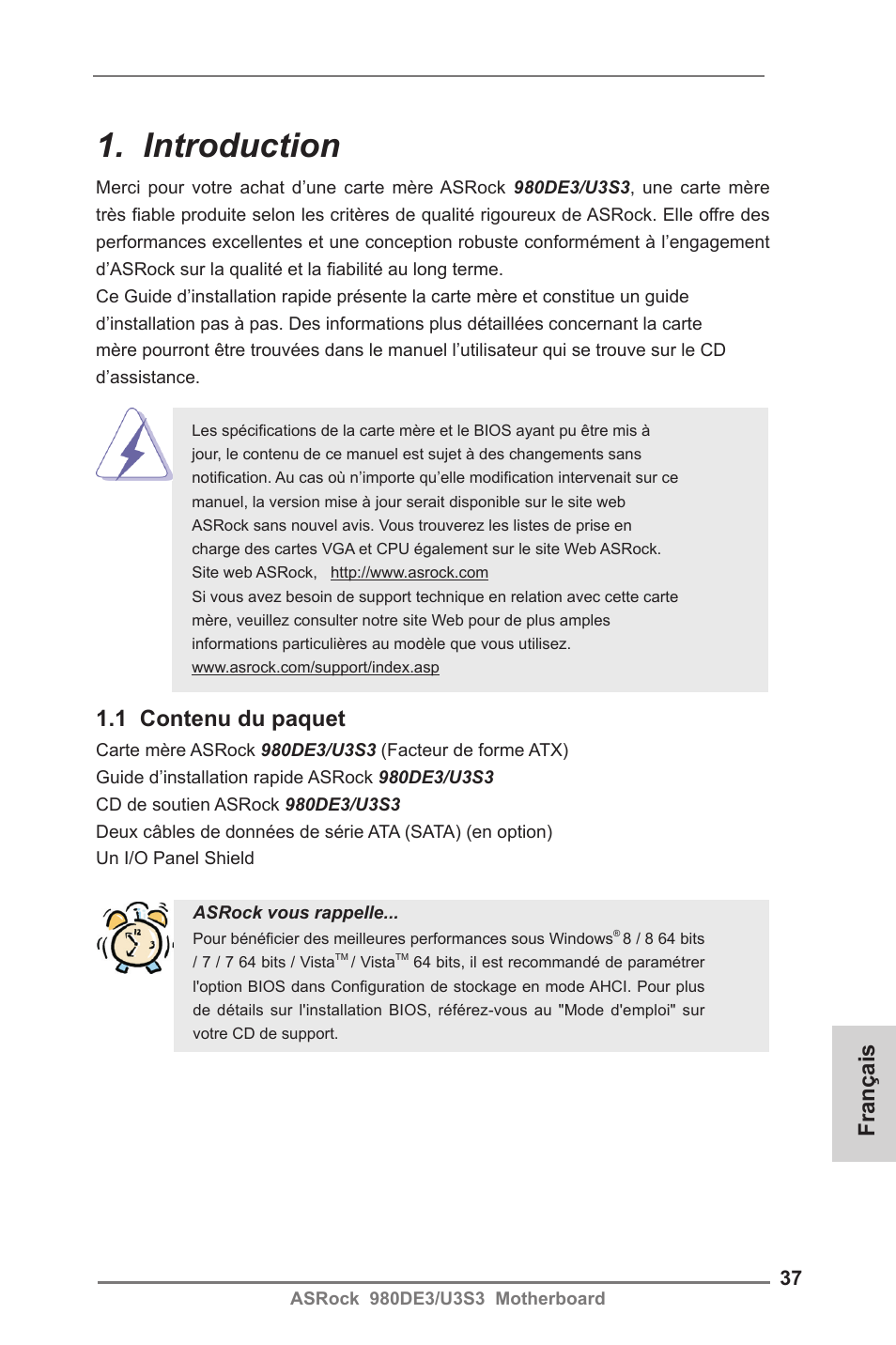 French, Introduction, 1 contenu du paquet | Français | ASRock 980DE3__U3S3 User Manual | Page 37 / 151