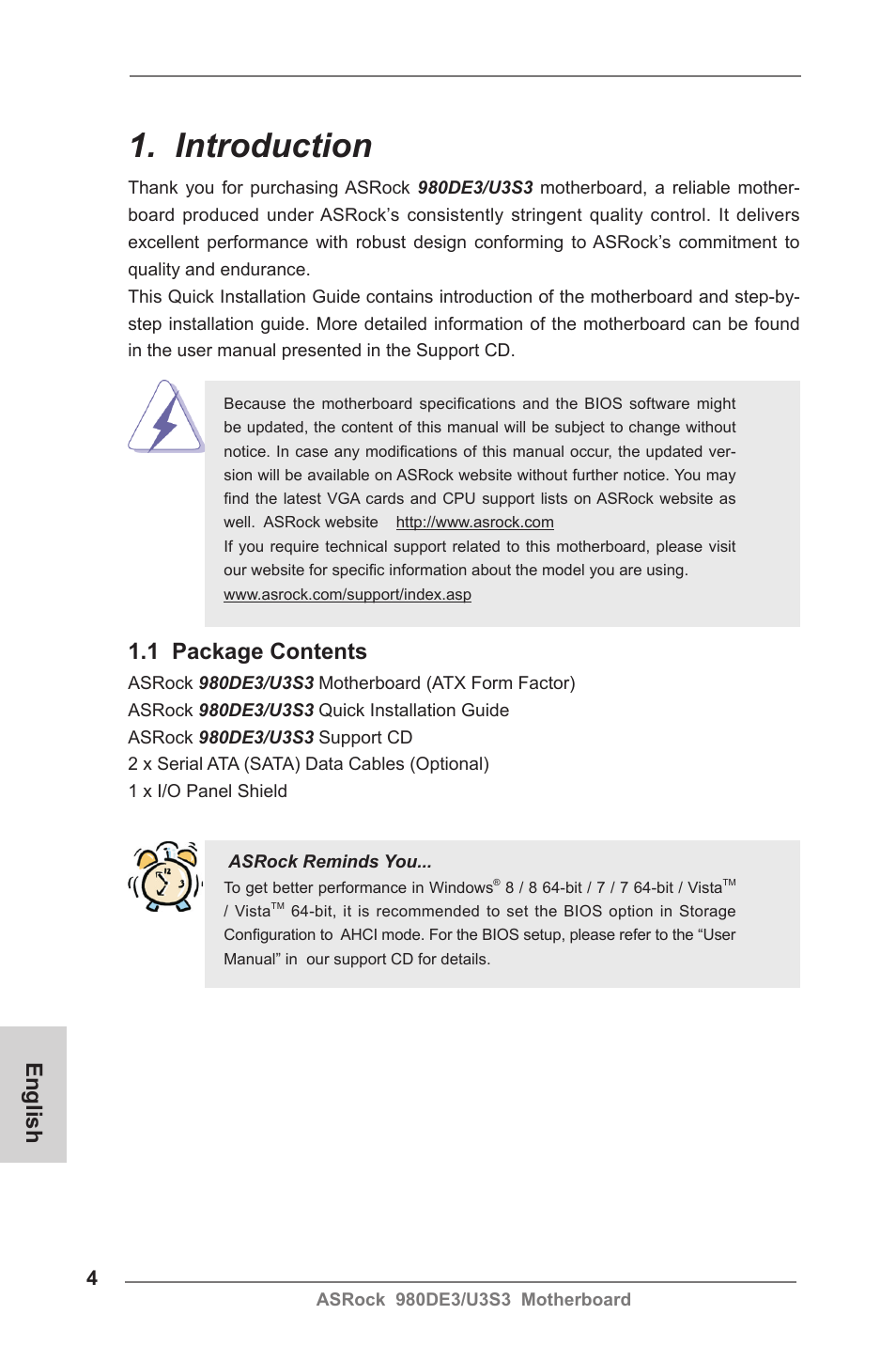 Introduction, English, 1 package contents | ASRock 980DE3__U3S3 User Manual | Page 4 / 151