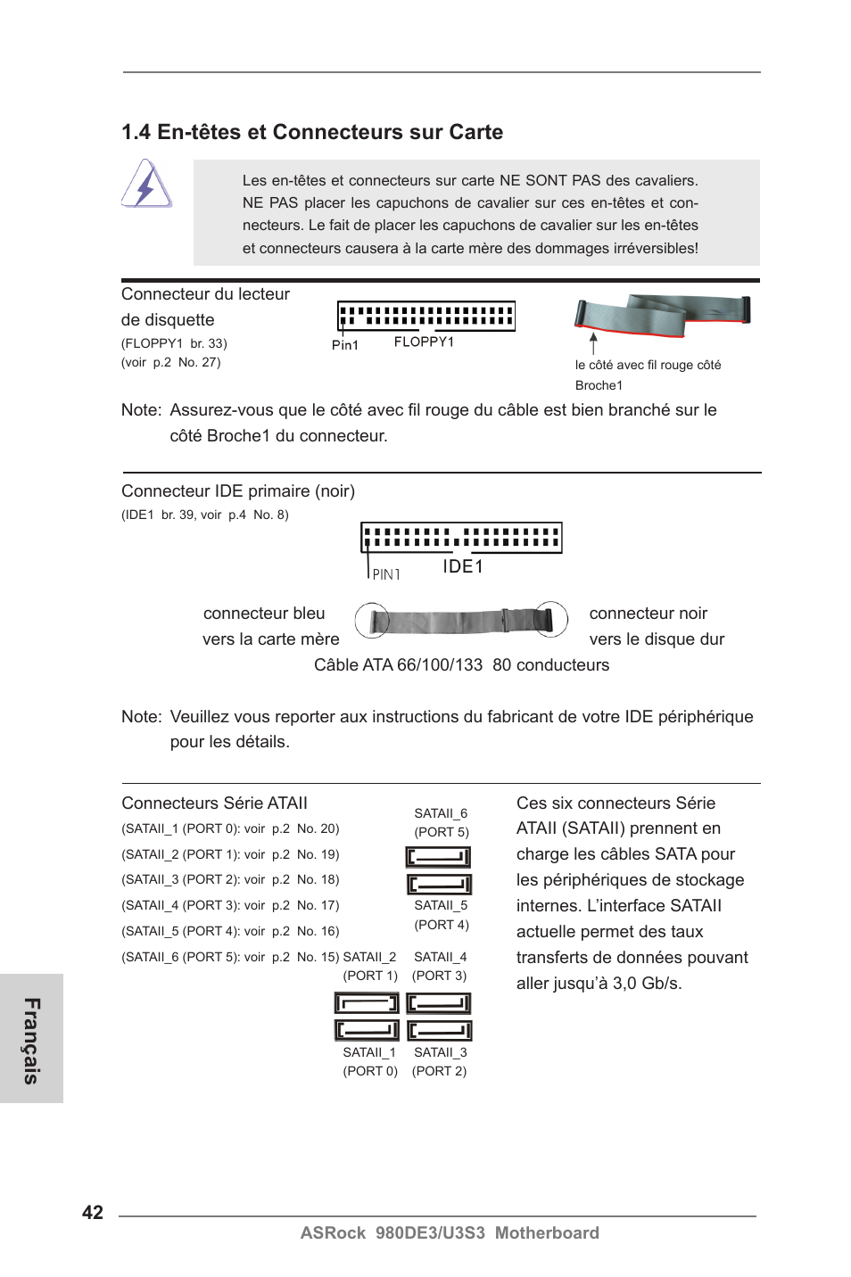 Français, 4 en-têtes et connecteurs sur carte | ASRock 980DE3__U3S3 User Manual | Page 42 / 151