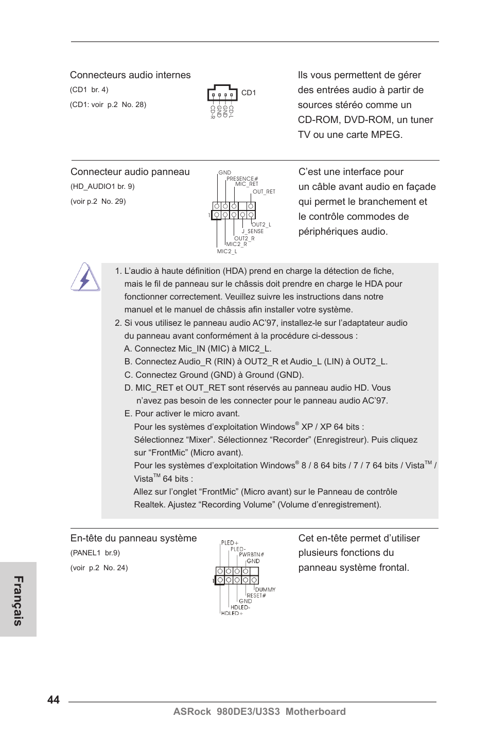 Français, Un câble avant audio en façade, Plusieurs fonctions du | Panneau système frontal, Des entrées audio à partir de | ASRock 980DE3__U3S3 User Manual | Page 44 / 151