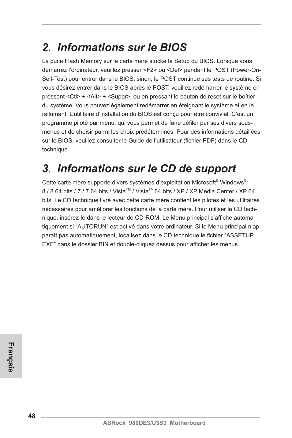 Informations sur le bios, Informations sur le cd de support, Français | ASRock 980DE3__U3S3 User Manual | Page 48 / 151
