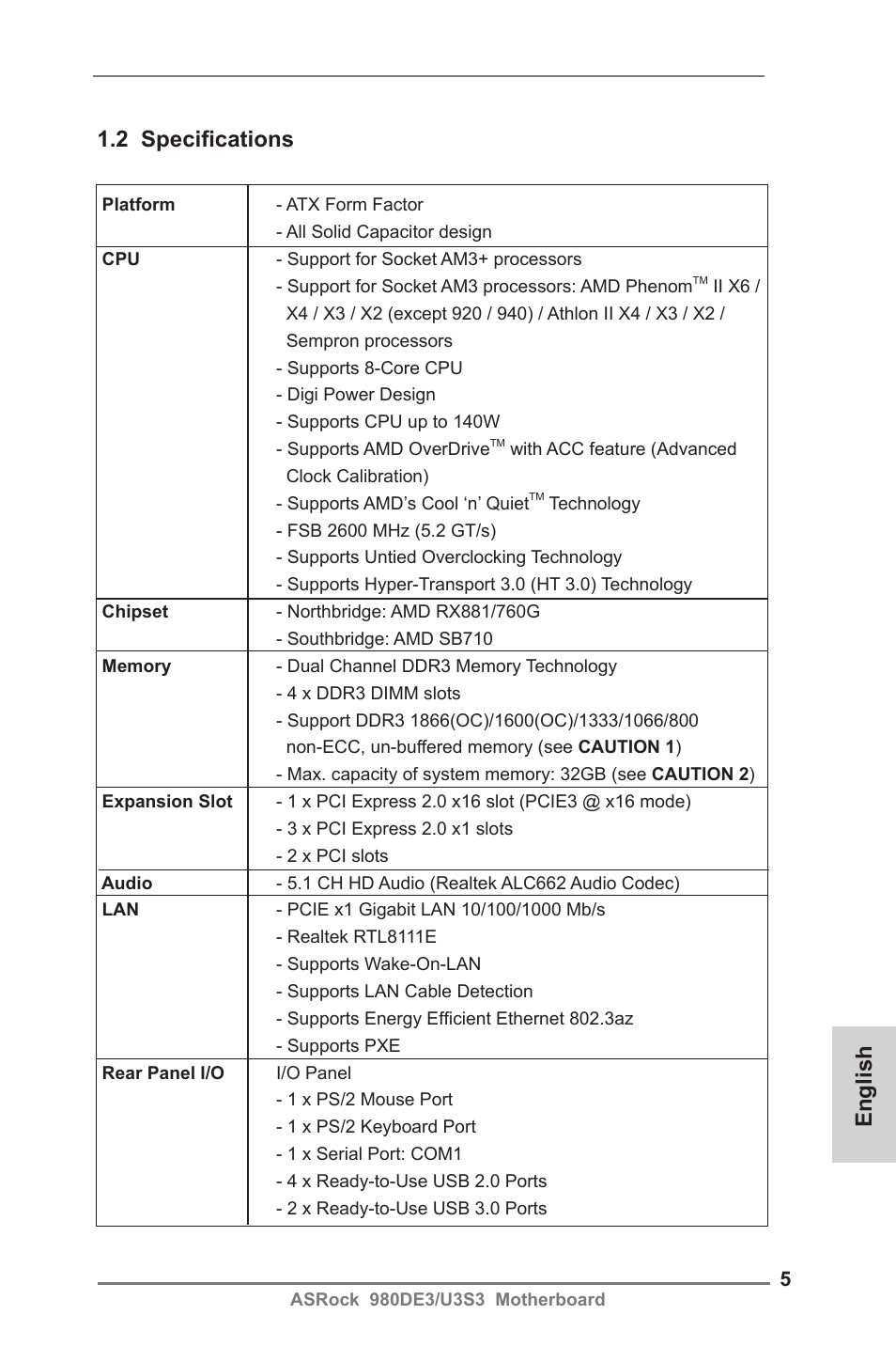 English 1.2 specifications | ASRock 980DE3__U3S3 User Manual | Page 5 / 151