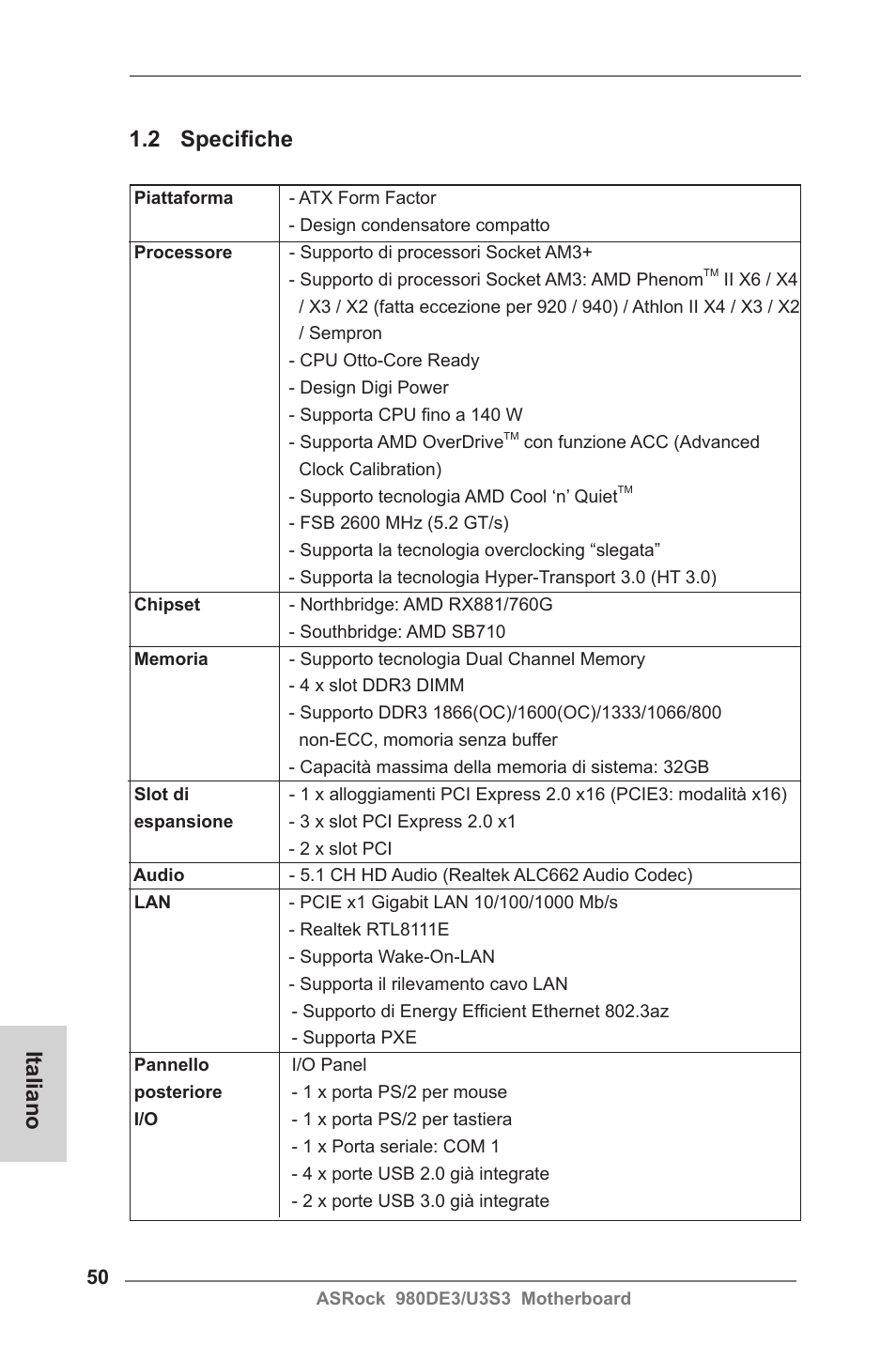 2 specifiche, Italiano | ASRock 980DE3__U3S3 User Manual | Page 50 / 151