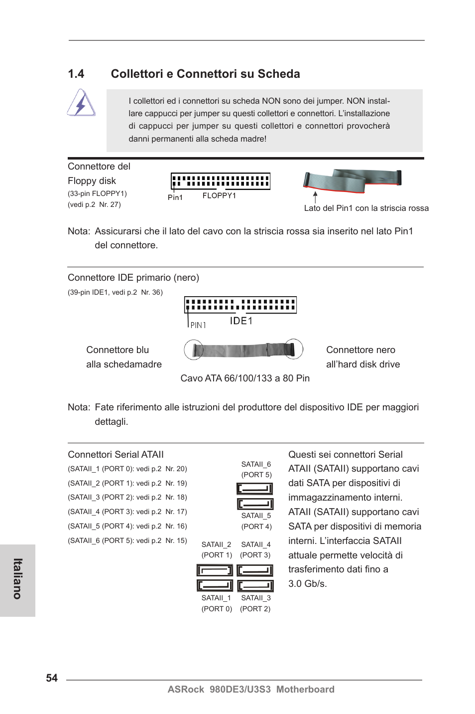 Italiano, 4 collettori e connettori su scheda | ASRock 980DE3__U3S3 User Manual | Page 54 / 151