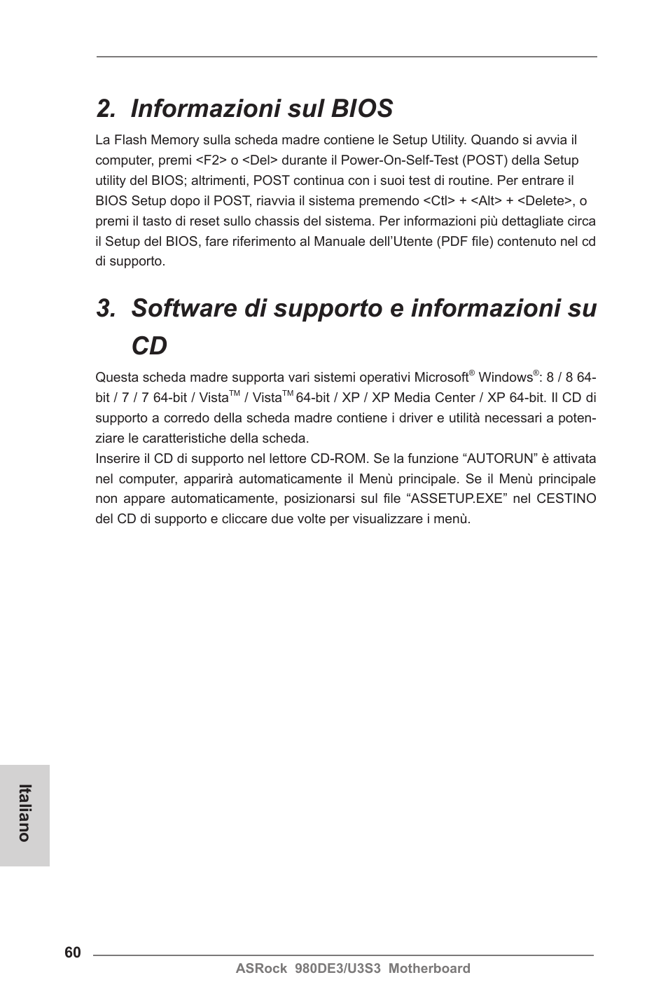 Informazioni sul bios, Software di supporto e informazioni su cd, Italiano | ASRock 980DE3__U3S3 User Manual | Page 60 / 151