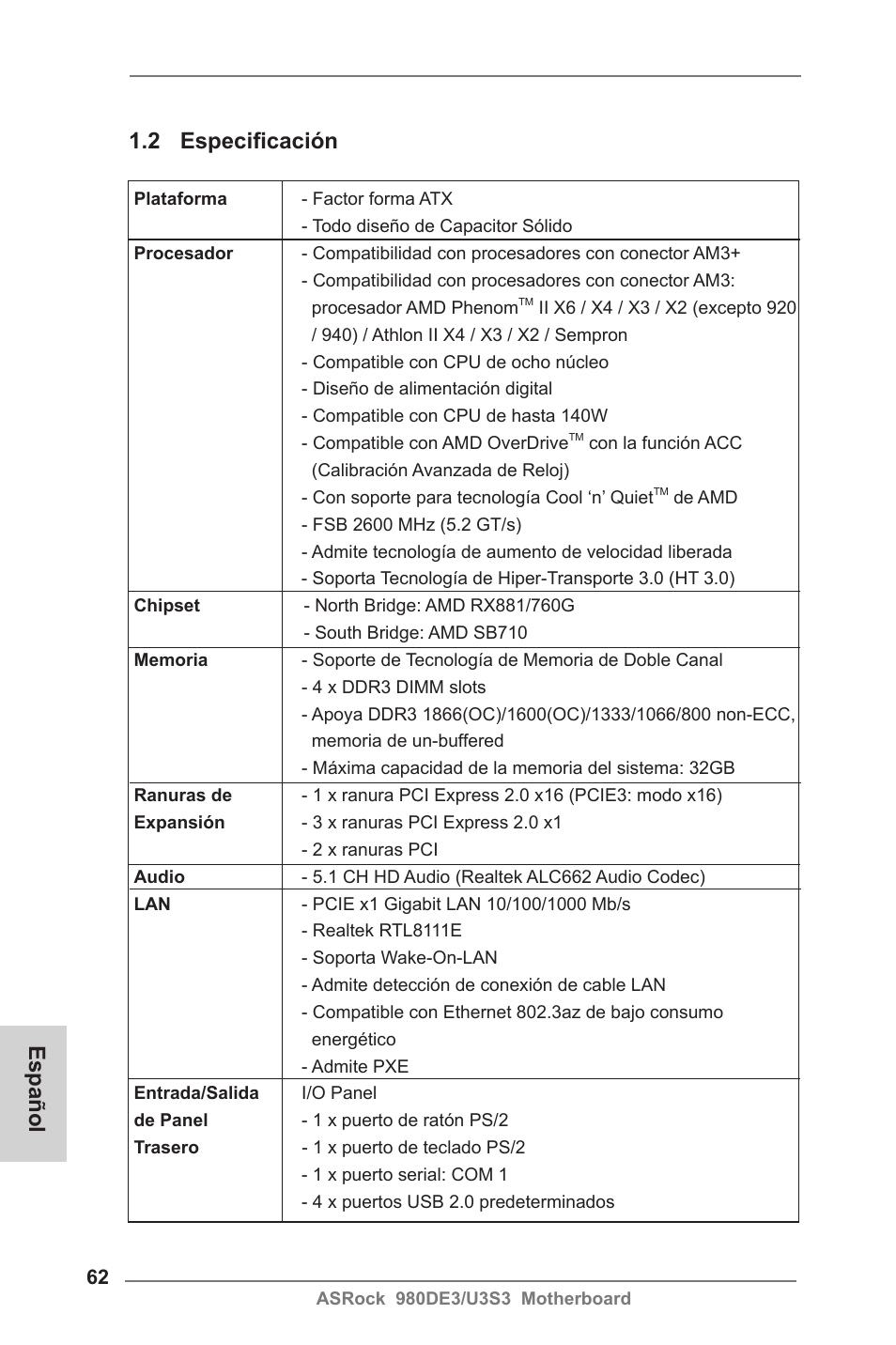 2 especificación, Español | ASRock 980DE3__U3S3 User Manual | Page 62 / 151