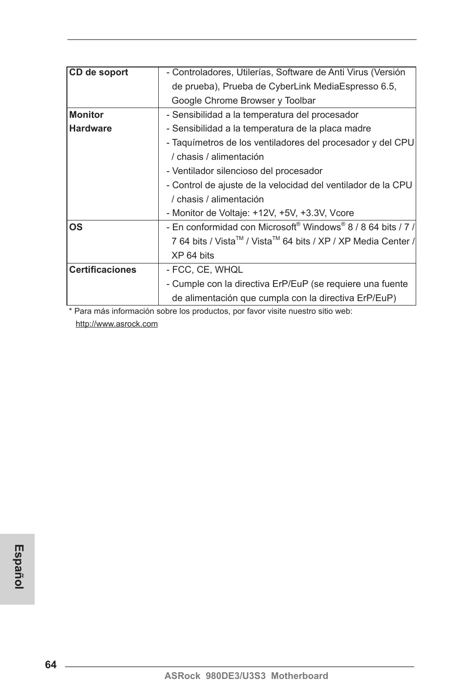 Español | ASRock 980DE3__U3S3 User Manual | Page 64 / 151