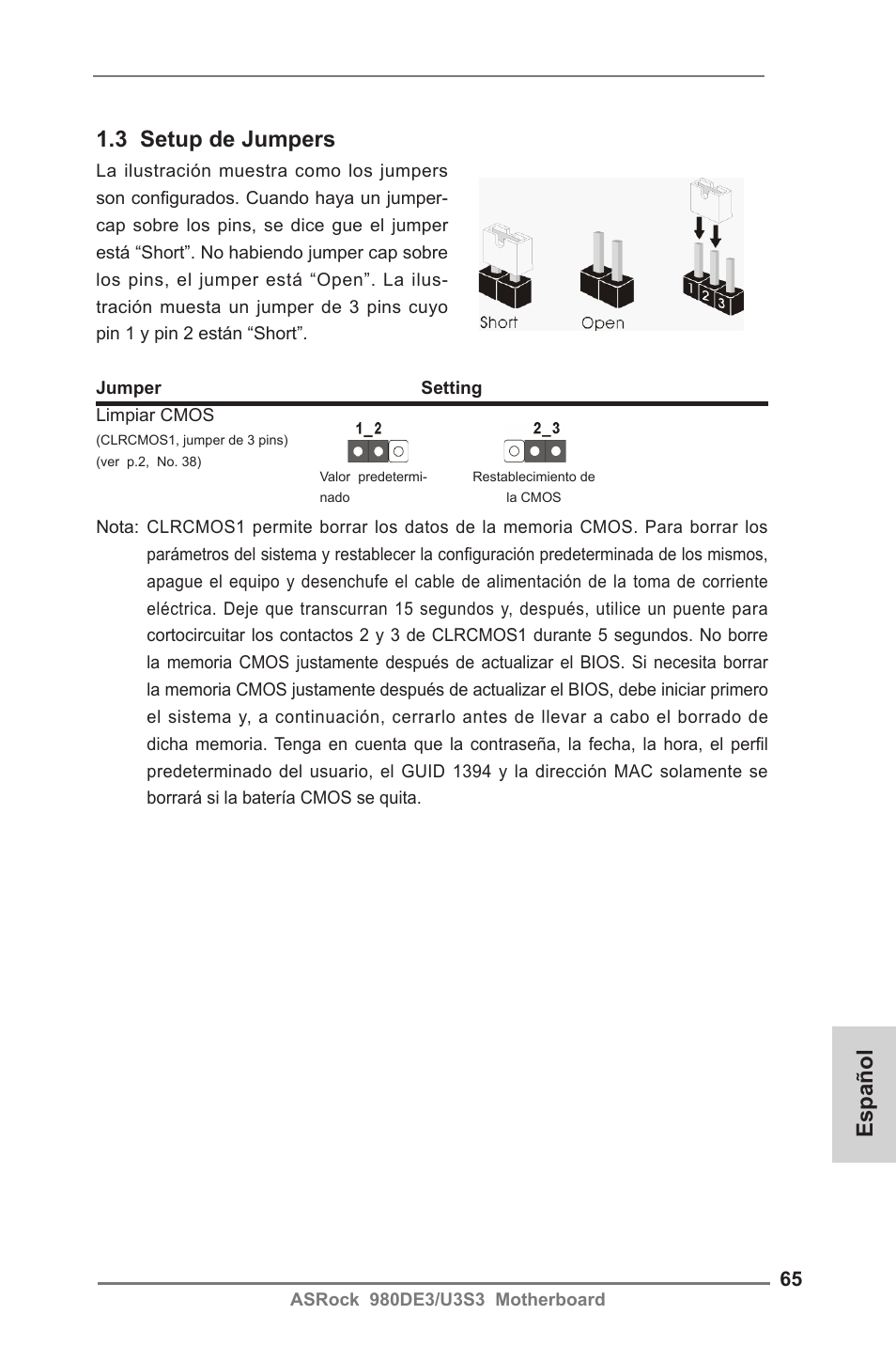 3 setup de jumpers, Español | ASRock 980DE3__U3S3 User Manual | Page 65 / 151