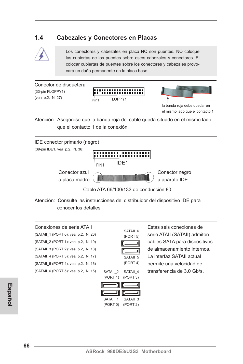 4 cabezales y conectores en placas, Español | ASRock 980DE3__U3S3 User Manual | Page 66 / 151