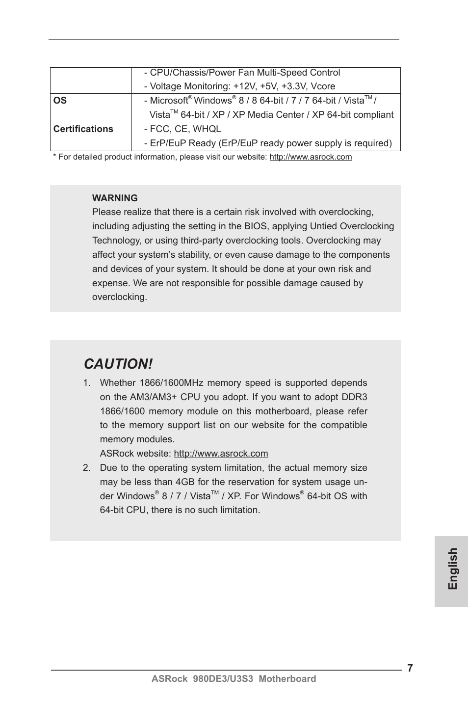 Caution, English | ASRock 980DE3__U3S3 User Manual | Page 7 / 151
