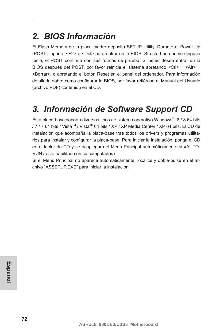 Bios información, Información de software support cd, Español | ASRock 980DE3__U3S3 User Manual | Page 72 / 151