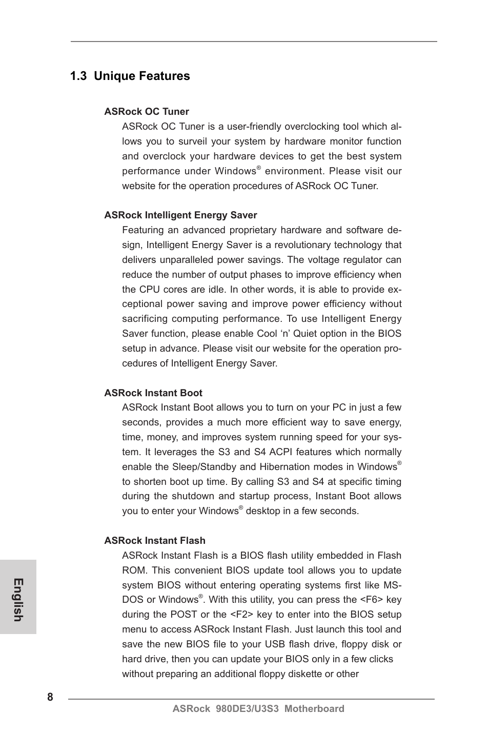 English 1.3 unique features | ASRock 980DE3__U3S3 User Manual | Page 8 / 151