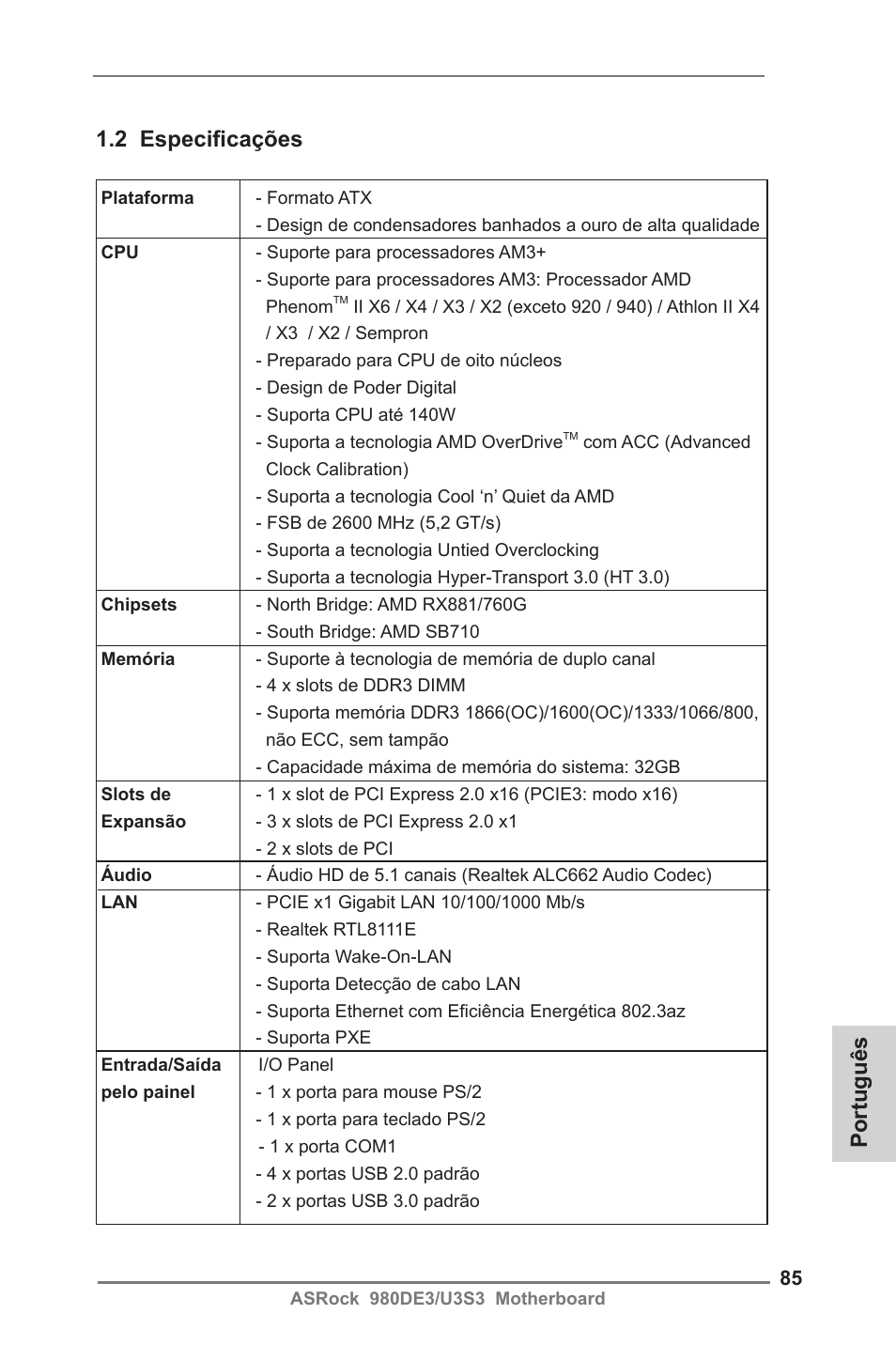 Português 1.2 especificações | ASRock 980DE3__U3S3 User Manual | Page 85 / 151