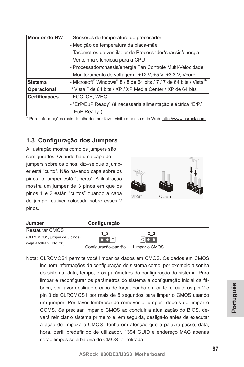 Português, 3 configuração dos jumpers | ASRock 980DE3__U3S3 User Manual | Page 87 / 151