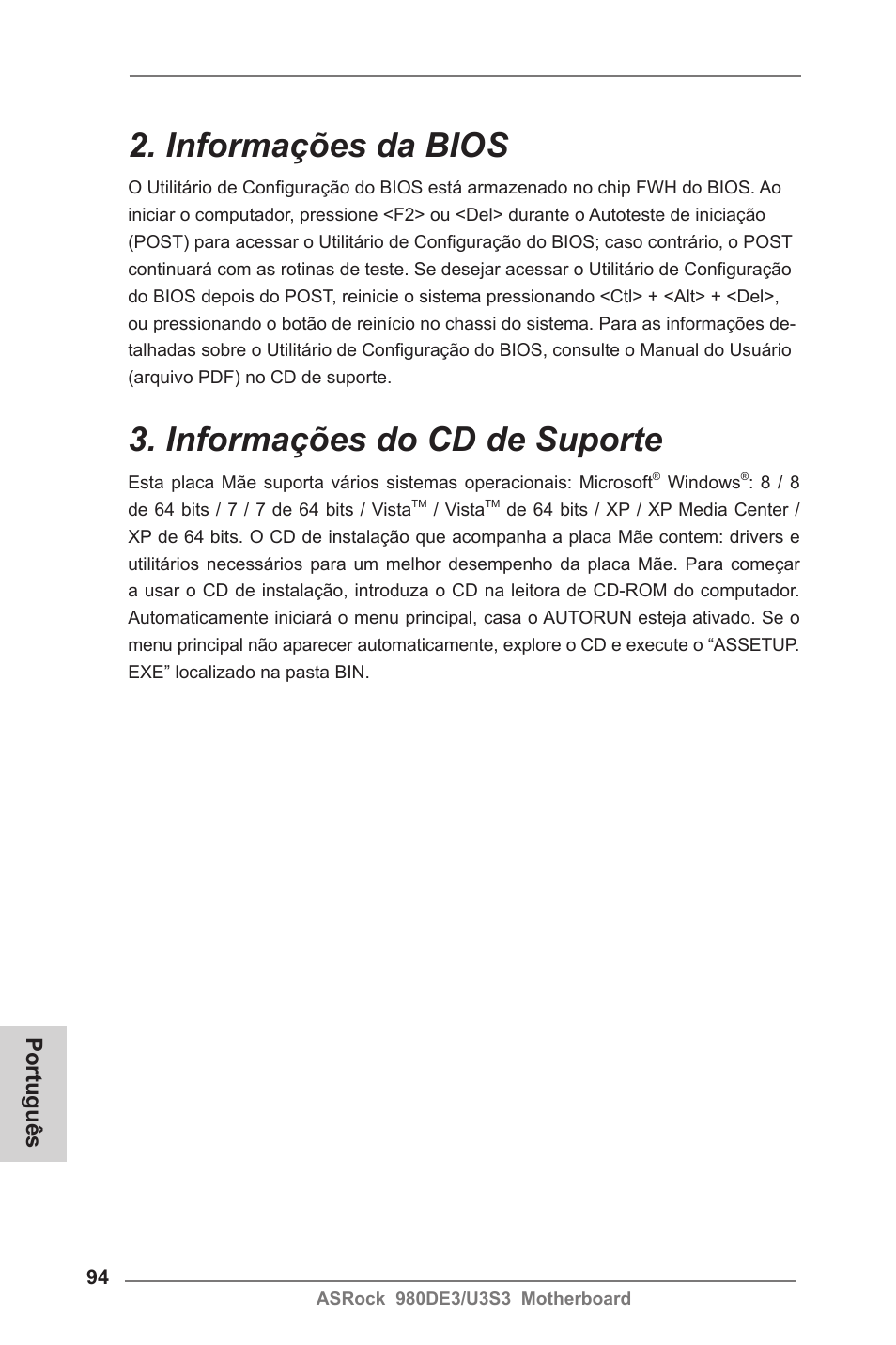 Informações da bios, Informações do cd de suporte, Português | ASRock 980DE3__U3S3 User Manual | Page 94 / 151