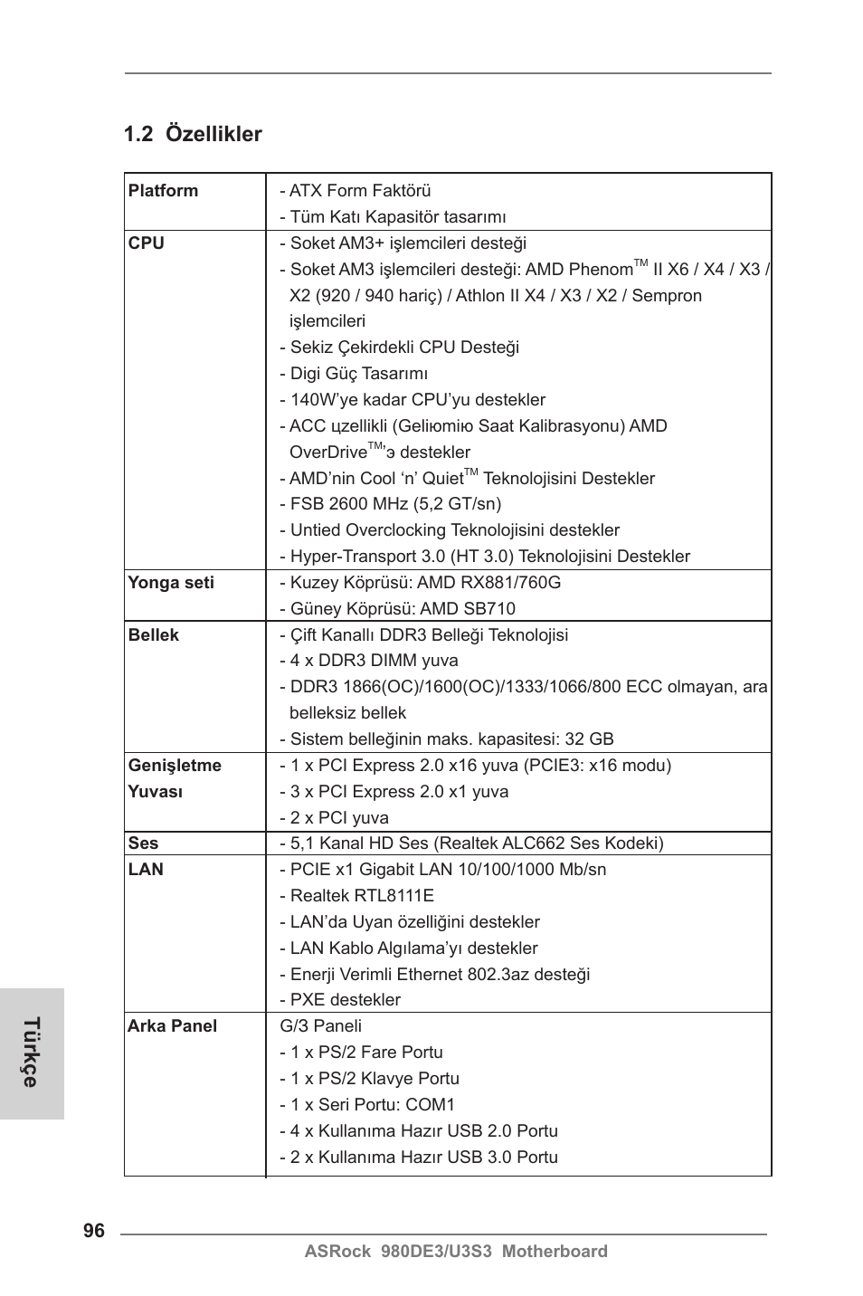 2 özellikler, Türkçe | ASRock 980DE3__U3S3 User Manual | Page 96 / 151