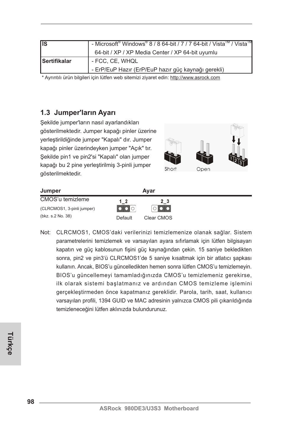 3 jumper'ların ayarı, Türkçe | ASRock 980DE3__U3S3 User Manual | Page 98 / 151