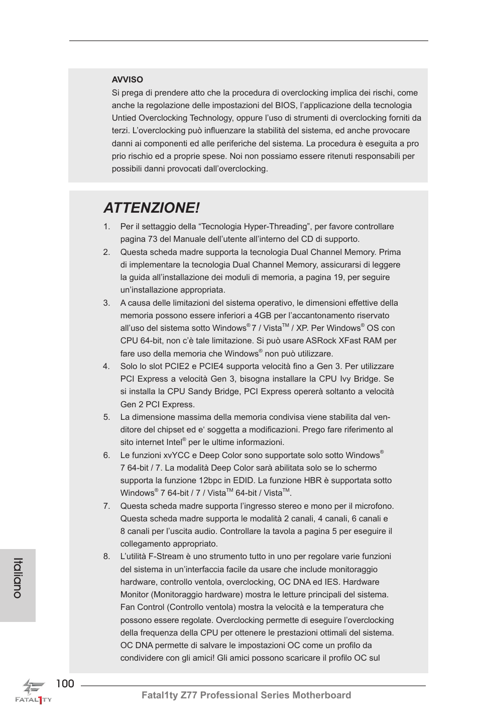 Attenzione, Italiano, Fatal1ty z77 professional series motherboard | ASRock Fatal1ty Z77 Professional User Manual | Page 100 / 243