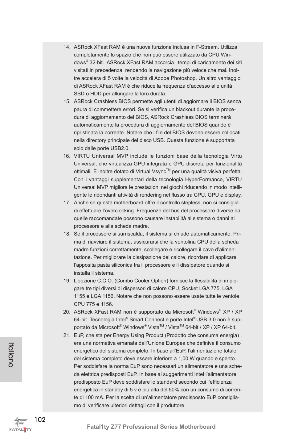 Italiano, Fatal1ty z77 professional series motherboard | ASRock Fatal1ty Z77 Professional User Manual | Page 102 / 243