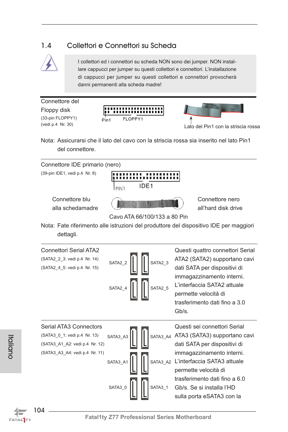 Italiano, 4 collettori e connettori su scheda | ASRock Fatal1ty Z77 Professional User Manual | Page 104 / 243