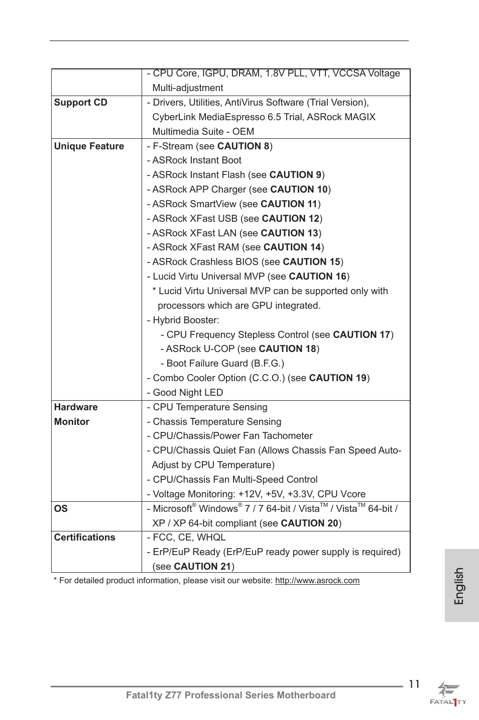 English | ASRock Fatal1ty Z77 Professional User Manual | Page 11 / 243